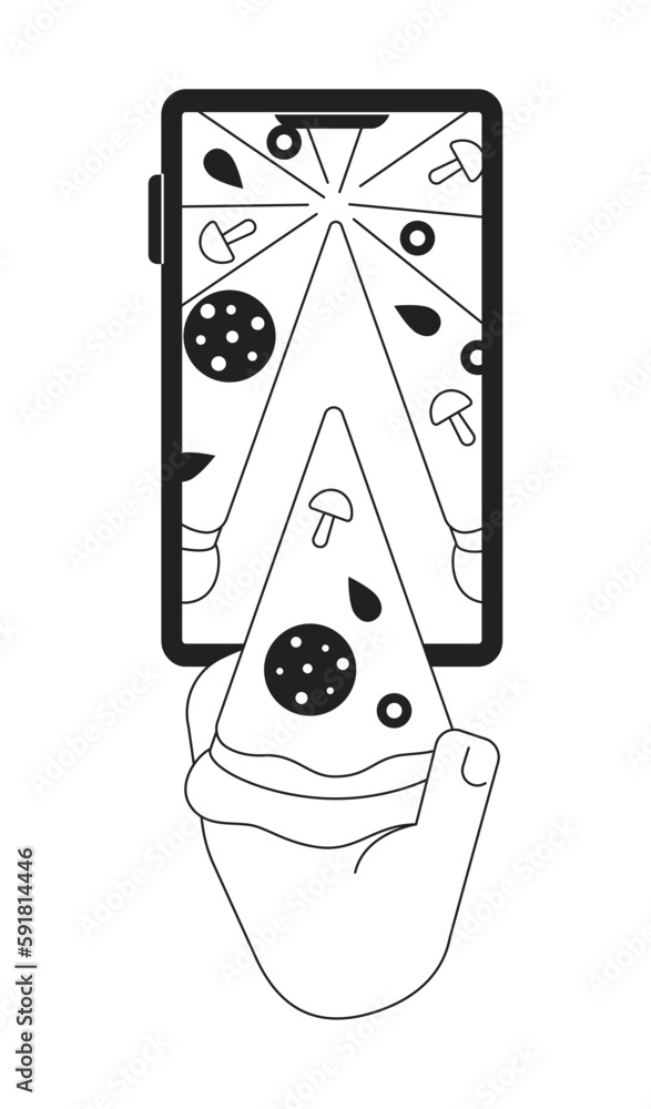 Poster ordering pizza delivery online monochrome concept vector spot illustration. editable 2d flat bw cart
