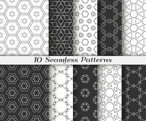 Seamless pattern set in arabic style. Stylish black and white graphic, geometric linear background. Line art texture for wallpaper, card, invitation, banner, fabric print. Ethnic ornament.