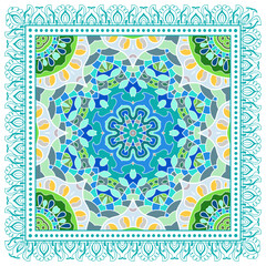 Decorative doodle ornament, symmetric pattern with lace frame. Tribal ethnic mandala decor. Bandana shawl, hijab, tablecloth fabric print, silk neck scarf, kerchief design. Colorful vector background