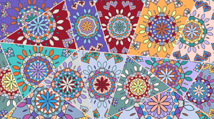 Vector patchwork quilt pattern. Vintage decorative collage. Hand drawn background. Indian, Arabic, Turkish motifs for printing on fabric or paper. Abstract colorful doodle pattern in mosaic style