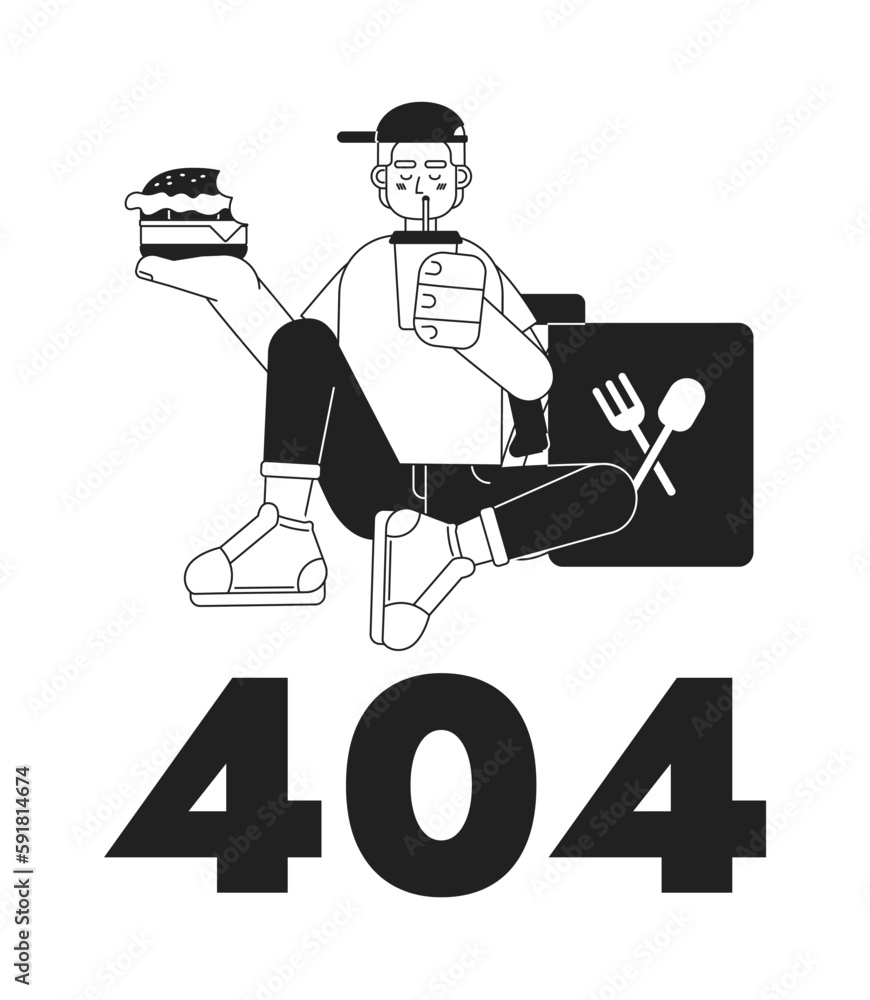 Poster delivery guy taking break vector bw empty state illustration. editable 404 not found page for ux, ui