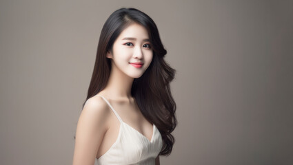 Fototapeta premium Portrait of a young and beautiful Taiwanese girl with low v-cut tight short dress, looking at camera on a white background, with generative AI technology