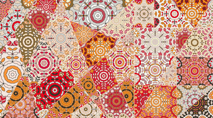 Vector patchwork quilt pattern. Vintage decorative collage. Hand drawn background. Indian, Arabic, Turkish motifs for printing on fabric or paper. Abstract colorful doodle pattern in mosaic style
