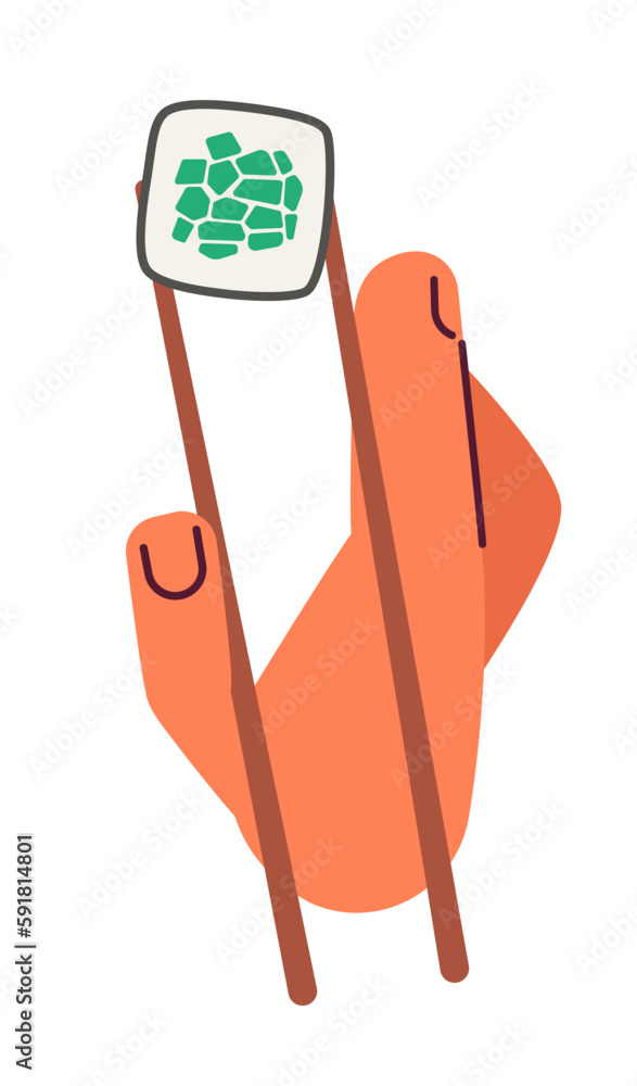 Poster holding sushi maki roll with chopsticks semi flat colour vector first view hand. eating kappamaki. e