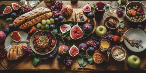 Table with vegetarian food and fresh fruit, top view. Generative AI.