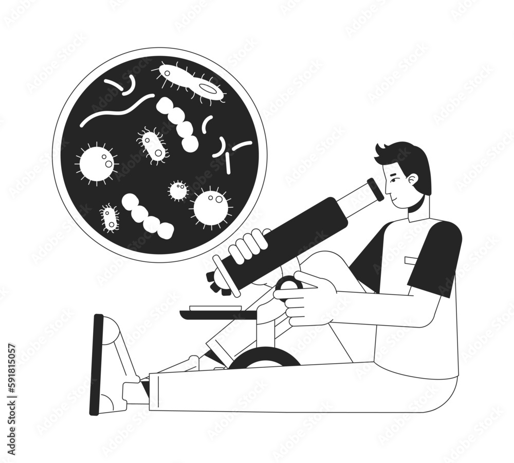 Poster clinical studies bw concept vector spot illustration. researcher using microscope 2d flat line monoc