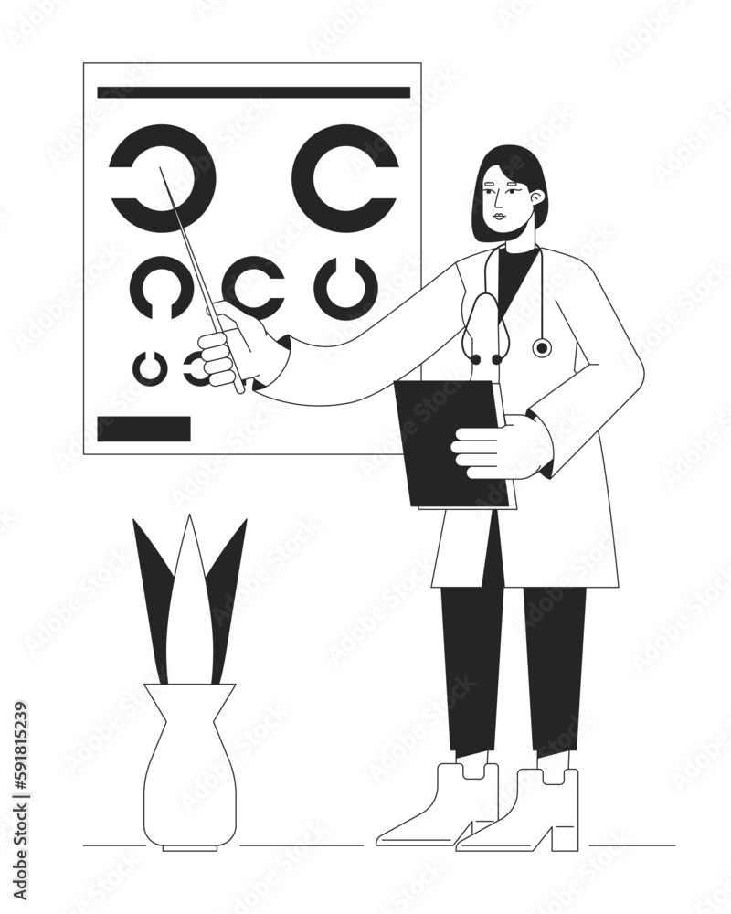 Poster ophthalmology clinic bw concept vector spot illustration. optometrist checking eyesight 2d flat line
