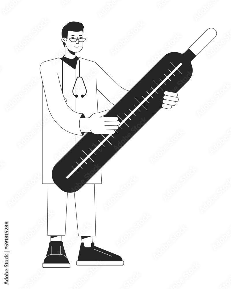 Poster taking temperature bw concept vector spot illustration. doctor with mercury thermometer 2d flat line