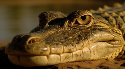 Fototapeta premium Close-up of a crocodile's head in the river. Generative AI