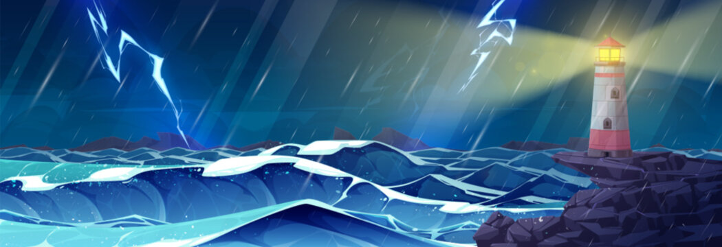 Vector storm sea night illustration. Lighthouse on cliff spotlight beam for navigation in ocean with cloud, rain and thunderstorm tempest. Crest and foam water dark dramatic cartoon background.