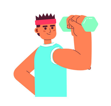 Athlete with headband lifting weight semi flat colorful vector character. Healthy active living. Editable half body person on white. Simple cartoon spot illustration for web graphic design, animation