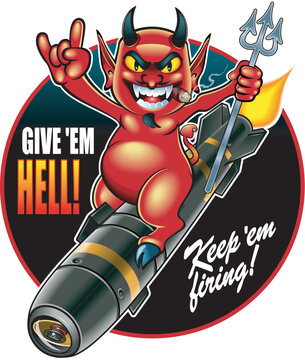cartoon style devil with trifork  riding on a missile