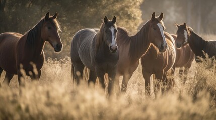 Obraz premium Group of horses grazing in a green meadow. Generative AI
