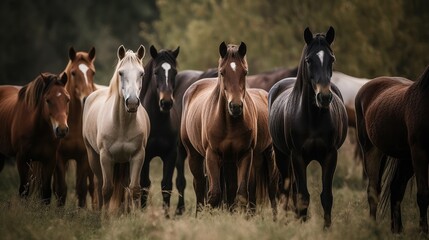 Obraz na płótnie Canvas Group of horses grazing in a green meadow. Generative AI