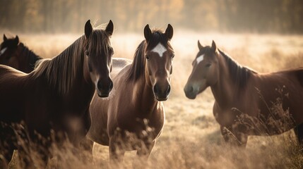 Group of horses grazing in a green meadow. Generative AI