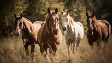 Fototapeta na wymiar Group of horses grazing in a green meadow. Generative AI