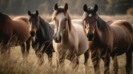 Obraz premium Group of horses grazing in a green meadow. Generative AI