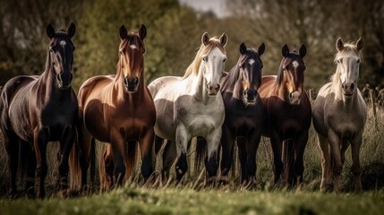 Group of horses grazing in a green meadow. Generative AI - obrazy, fototapety, plakaty