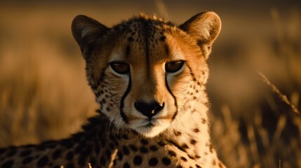 Close-up of a cheetah's face in the grassland. Generative AI