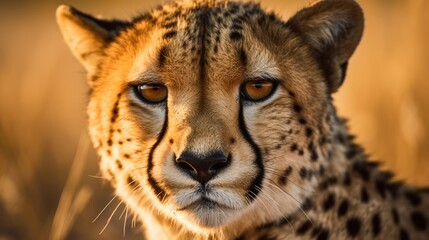 Close-up of a cheetah's face in the grassland. Generative AI