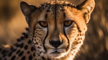 Close-up of a cheetah's face in the grassland. Generative AI
