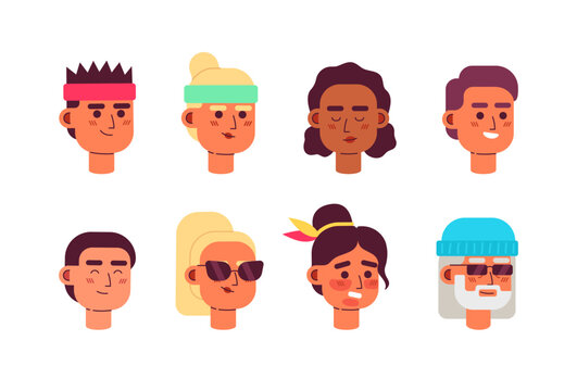 Summer inspired people semi flat vector character heads pack. Sporty, stylish. Editable cartoon face emotions. Simple colorful avatar icons. Spot illustration bundle for web graphic design, animation