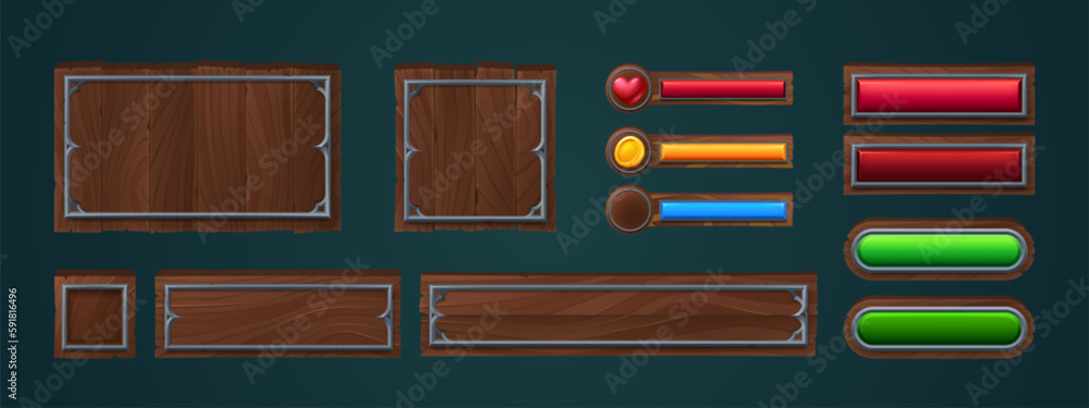 Poster cartoon set of wooden frames and buttons for game ui design. vector illustration of old square and r