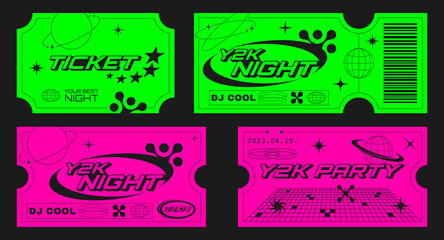 Retro party tickets template with futuristic elements. Y2k aesthetic design.