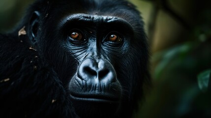 Close-up of a gorilla's face in the jungle. Generative AI