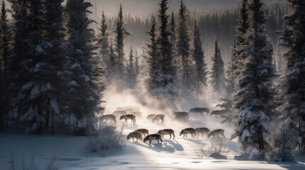 Pack of wolves running through a snowy forest. Generative AI