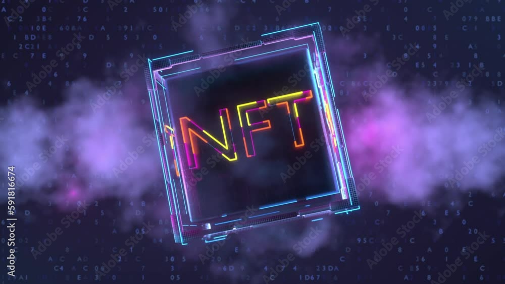 Poster non fungible token on technology alien background. nft letters in rotating cube. neon 3d render. ins
