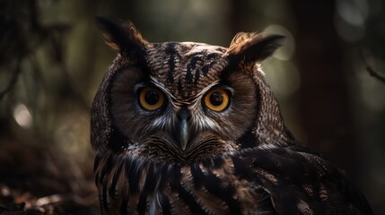 Fototapeta premium Close-up of an owl's face in the forest. Generative AI