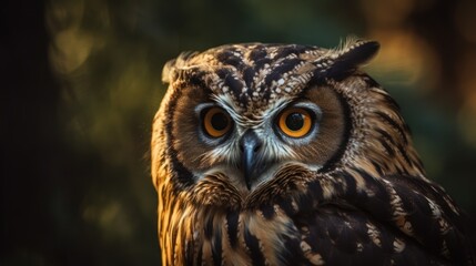 Close-up of an owl's face in the forest. Generative AI