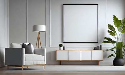 Modern living room with counter, with empty canvas or wall decor with frame in center for product presentation background or wall decor promotion, mock up. Ai generative