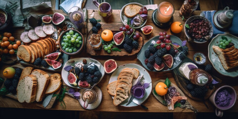 Table with vegetarian food and fresh fruit, top view. Generative AI.