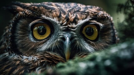 Fototapeta premium Close-up of an owl's face in the forest. Generative AI
