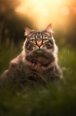 Naklejka na ściany i meble Fluffy tabby gray cat sits on the grass outdoor. Generative AI.