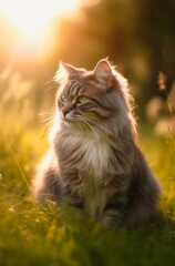Naklejka na ściany i meble Fluffy tabby gray cat sits on the grass outdoor. Generative AI.
