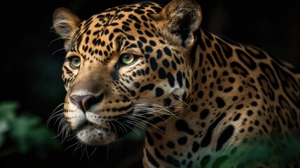 Fototapeta na wymiar Close-up of a jaguar's face in the forest. Generative AI