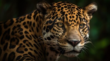 Close-up of a jaguar's face in the forest. Generative AI