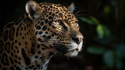 Obraz premium Close-up of a jaguar's face in the forest. Generative AI