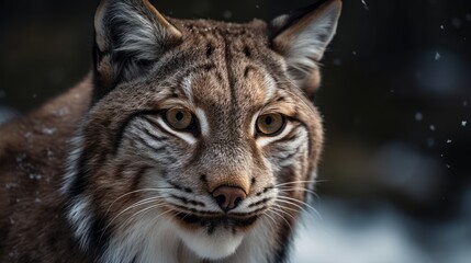 Fototapeta na wymiar Close-up of a lynx's face in the snowy forest. Generative AI