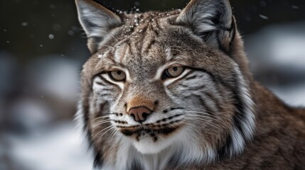 Fototapeta na wymiar Close-up of a lynx's face in the snowy forest. Generative AI