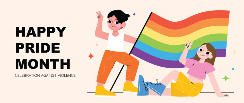 Happy Pride month background. LGBTQ community symbols with man and woman, rainbow flag. Support design for celebration against violence, bisexual, transgender, gender equality, rights concept.