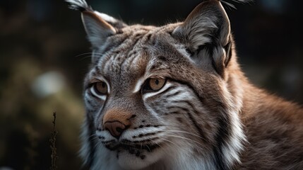 Fototapeta premium Close-up of a lynx's face in the snowy forest. Generative AI
