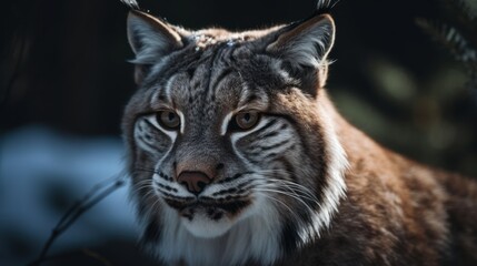 Obraz premium Close-up of a lynx's face in the snowy forest. Generative AI