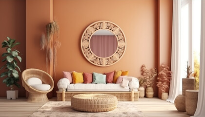 Boho cozy living room design, bright wall mockup, 3d render, 3d illustration,Generative Ai