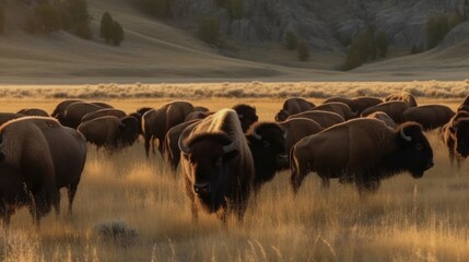 Group of bison grazing in a green valley. Generative AI
