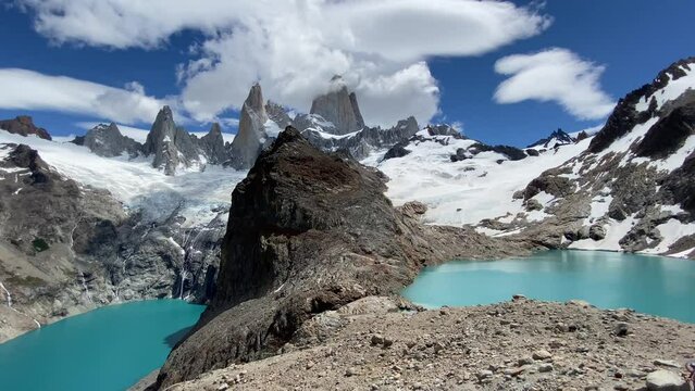 Scenic shot of Laguna de los Tres hiking area and lake Sucia on the Fitz Roy mountain background