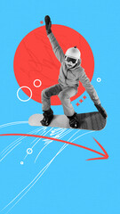 Ski resort. Contemporary art collage with sporty girl wearing special equipment snowboarding down the slope over blue background. Concept of sport, health, active lifestyle, hobby, weekend, holiday